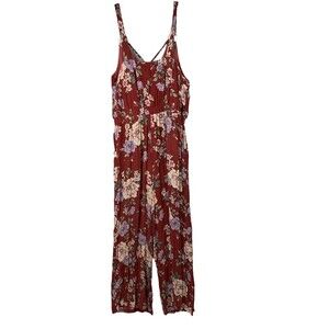 Derek Heart Floral Jumpsuit Tank Wide Leg Stretch Crinkle Fabric Size XL